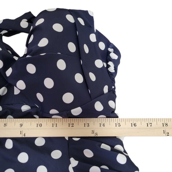 Unique Vintage Navy & White Polka Dot Corinne Halter Sheath Swimsuit 1X NWT - Picture 11 of 13